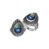 Sterling Silver Pear Shape Labradorite Ring With Balinese Carved Band For Women